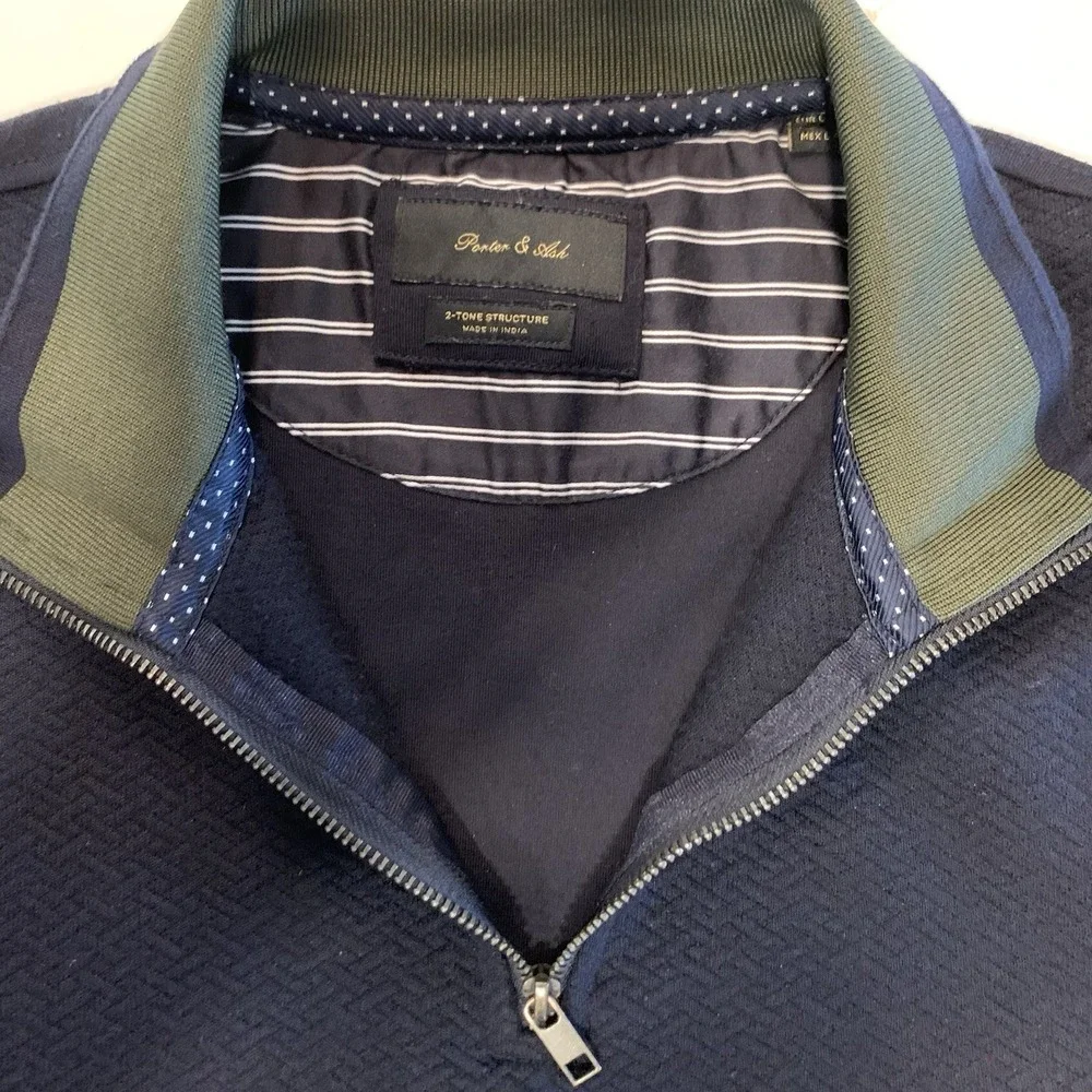 Porter & Ash Mens XL Quarter Zip Pullover Navy Textured Sweater Olive Collar